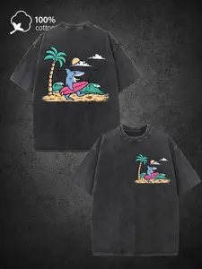 Men's 100% Cotton 220g Retro Street Style T-Shirt - Double-sided shark surfing palm tree and wave pattern, loose short-sleeved casual summer top, perfect for vacation wear.