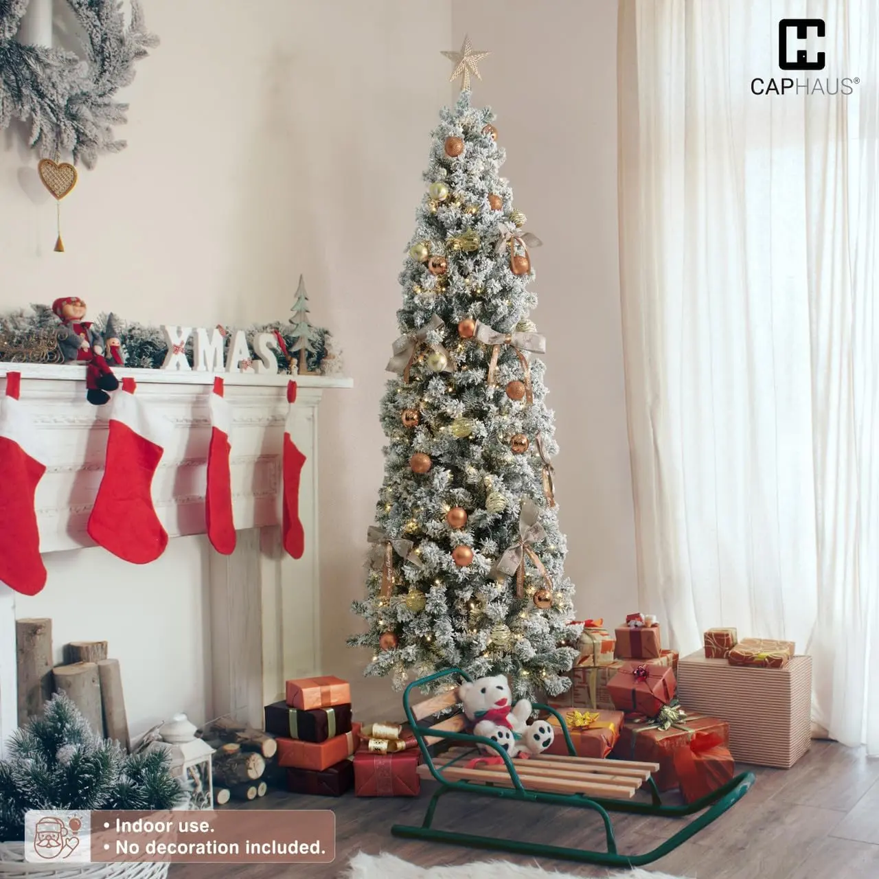 CAPHAUS Pre-lit Artificial Snow Flocked Christmas Pencil Tree w/ 398/618/980 Pre-Hinged Branch Tips & Foldable Stand, Fake Slim Christmas Tree for Indoor, Pencil Christmas Tree w/ 150/250/350 LED Lights