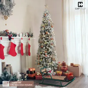 CAPHAUS Pre-lit Artificial Snow Flocked Christmas Pencil Tree w/ 398/618/980 Pre-Hinged Branch Tips & Foldable Stand, Fake Slim Christmas Tree for Indoor, Pencil Christmas Tree w/ 150/250/350 LED Lights