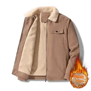 Men's Corduroy Faux Shearling Lined Jacket - Khaki, Zipper Closure, Warm Winter Coat