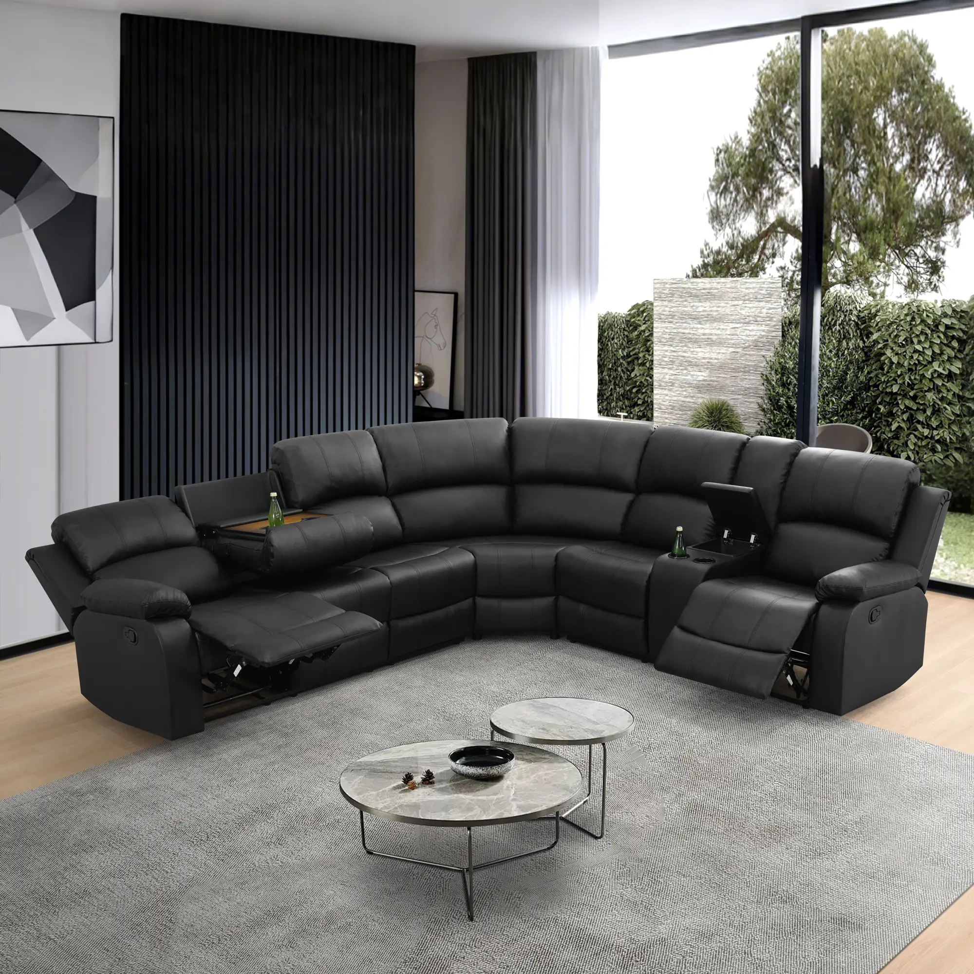 6-Seat Corner Sectional Sofa with 2 Manual Recliners, L-Shaped Couch with Hidden Storage & Cup Holders, PU Leather for Living Room