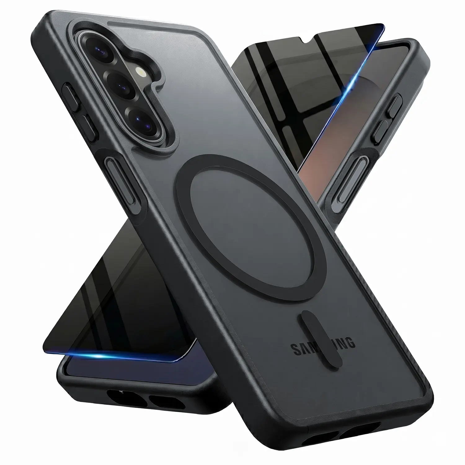 Samsung Galaxy A16 5G/A17 5G Smartphone Accessories Bundle: Magsafe-Compatible Translucent Matte Military-Grade Shockproof Case + Privacy Tempered Glass Screen Protector (Black)