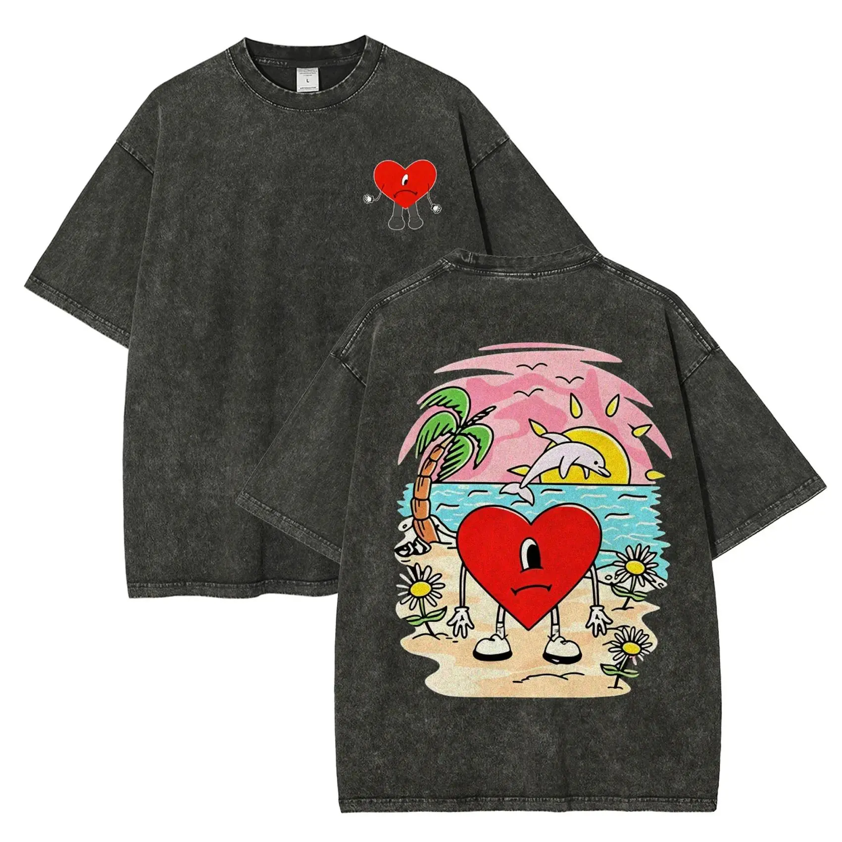 Women's Bunny Vintage All-Over Print Round Neck Short-Sleeve Cotton T-Shirt - Unisex Casual Streetwear Top for Latin Music Fans