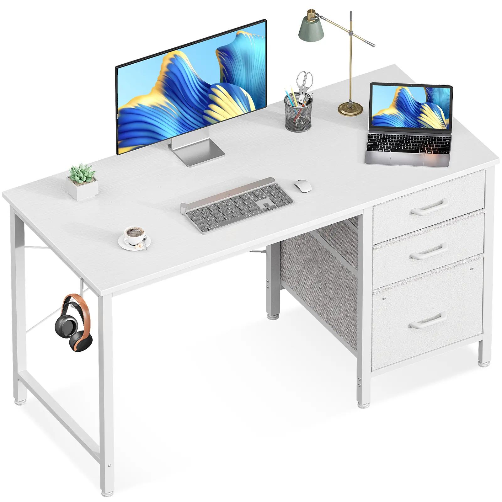 AODK Small Vanity Desk with Fabric Drawers & Hook, Durable Metal Frame Drawers Desks & Workstations for Home Office Writing or Small Space Use