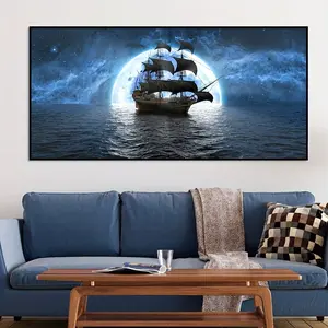 Painting, Moonlight And Sailboat Posters And Prints, Landscape At The End Of The Ocean, Modern Abstract Oil Painting, Wall Art, Living Room, Home Decoration, No Frame Blue Gift Bedroom Ornaments Artistic Photo