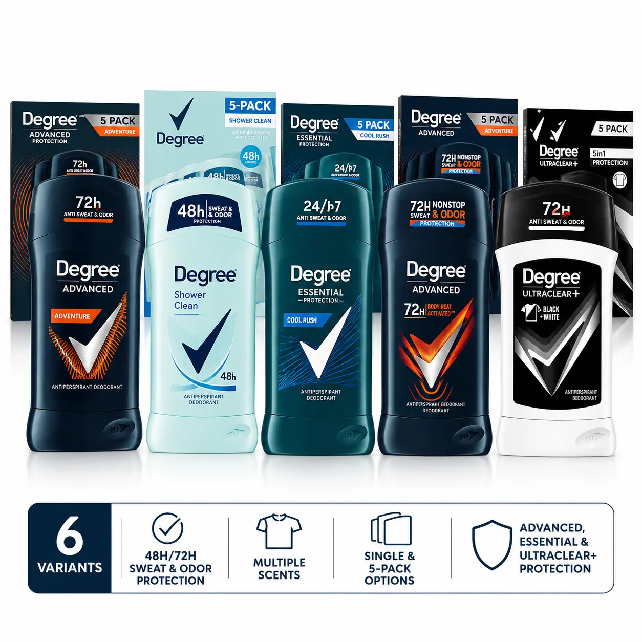 Degree Men's Antiperspirant Deodorant Solid Stick - 2.7oz, Advanced/Essential/UltraClear+ Protection, 48H/72H Long-Lasting Sweat & Odor Control, Daily Application, Multiple Scents & Pack Sizes, Men's Personal Care