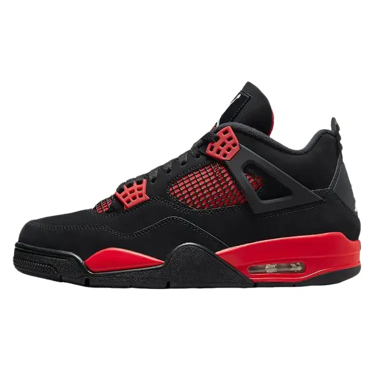 Nike Air Jordan 4 Retro 'Red Thunder' 2022 Release Men's Athletic Trainer Sneaker, Black Nubuck Sports Footwear with Red Accents, Round Toe, All-Season Laces, Classic, Bold Colors, Closed, Lace-Up, Mesh Details, Shoe, Sports Shoes