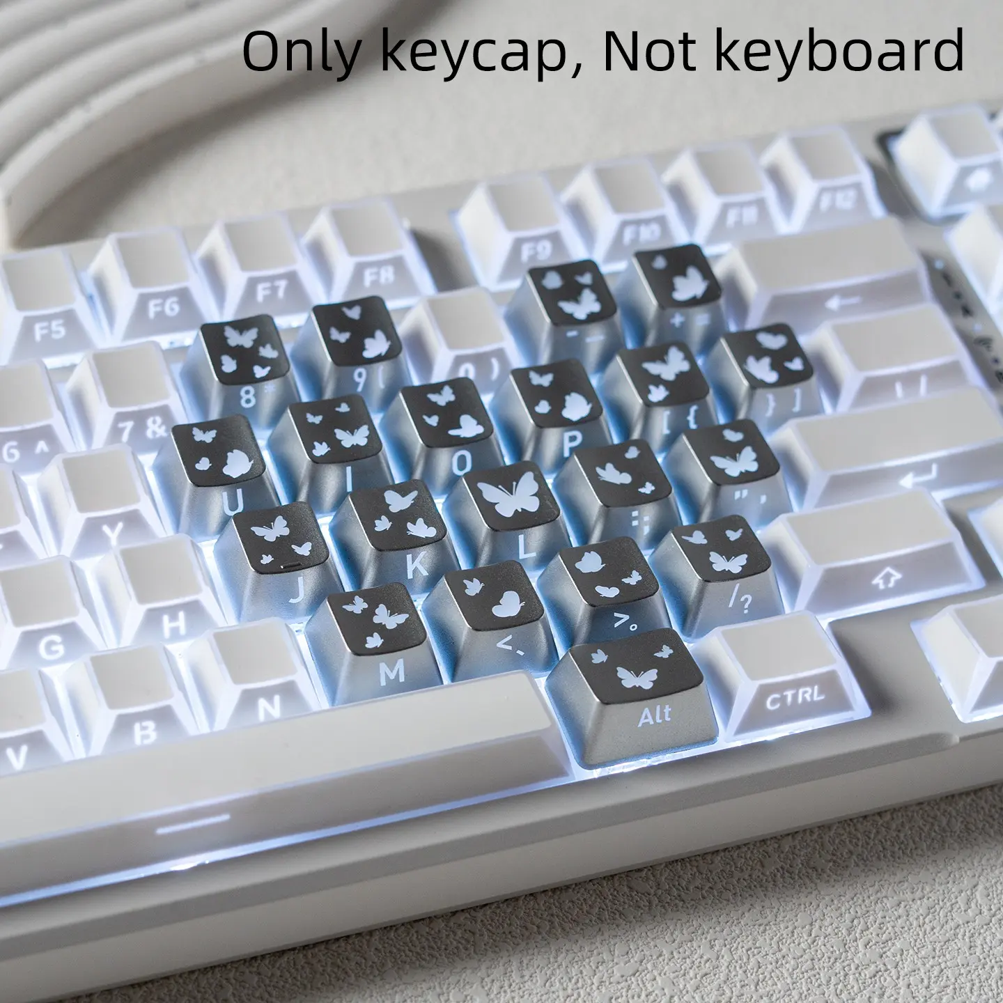Butterfly heart-shaped keycaps, 21-key set, heart-shaped replacement keycaps, butterfly pattern, backlit butterfly design, side-engraved backlit characters, Side Printed Keycaps, Keyboard Keycaps