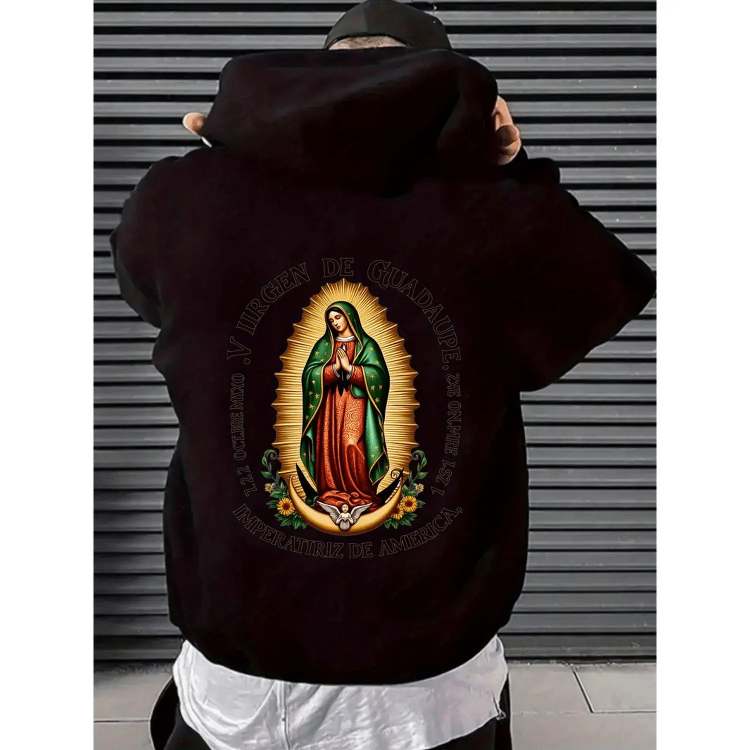 Black Virgin of Guadalupe Mexican Folk Art Graphic Print with Our Lady of Guadalupe and Spanish Text Loose Fit Hoodie Sweatshirt Streetwear Kangaroo Pocket Smooth Texture Fabric Machine Washable Fall Winter Warmth Casual Comfort