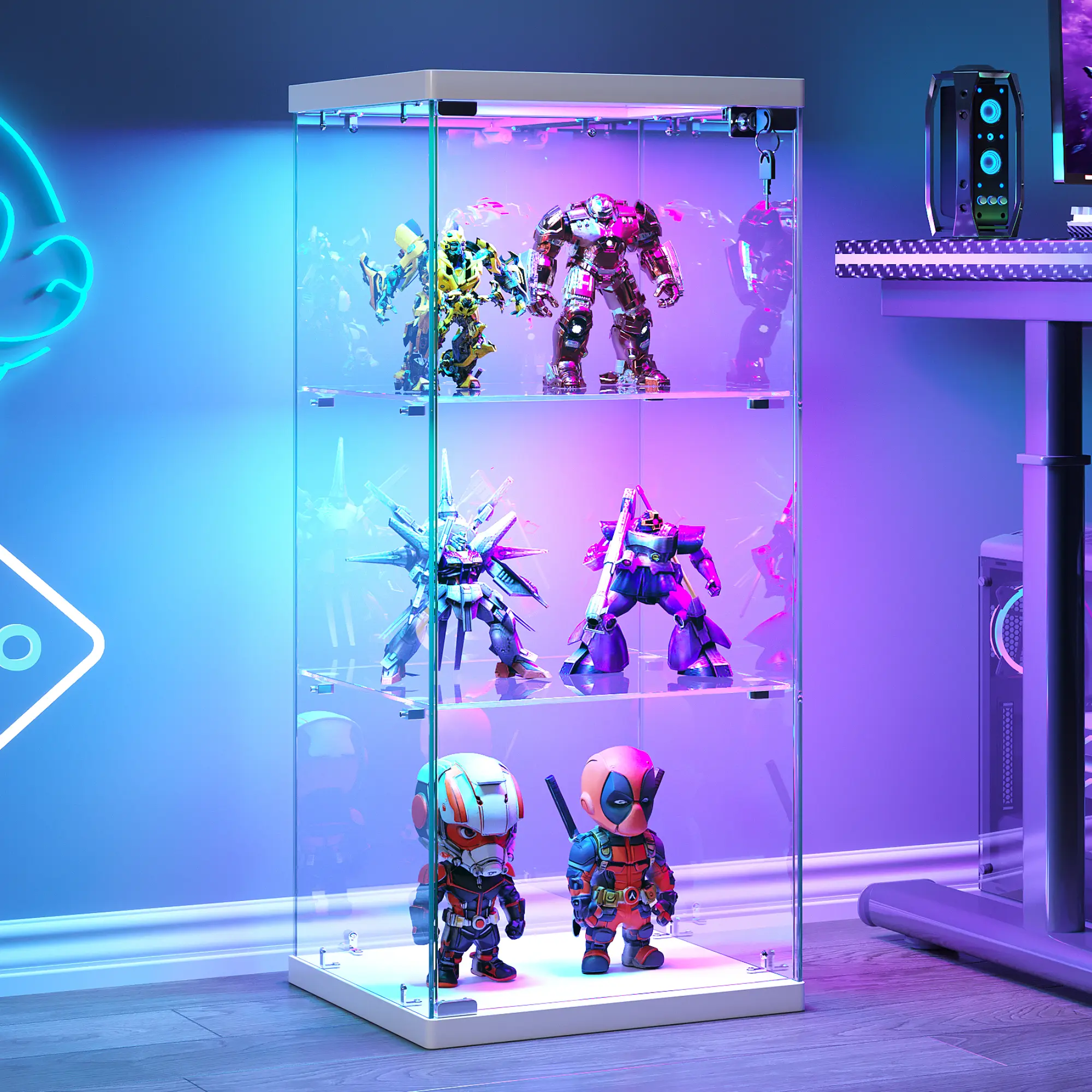 FREDEES  Locking Glass Display Cabinet with Doors - 3-Tier Clear Curio Cabinet with RGB LED Lights, 35.4" Tall Storage for Collectibles, Figures