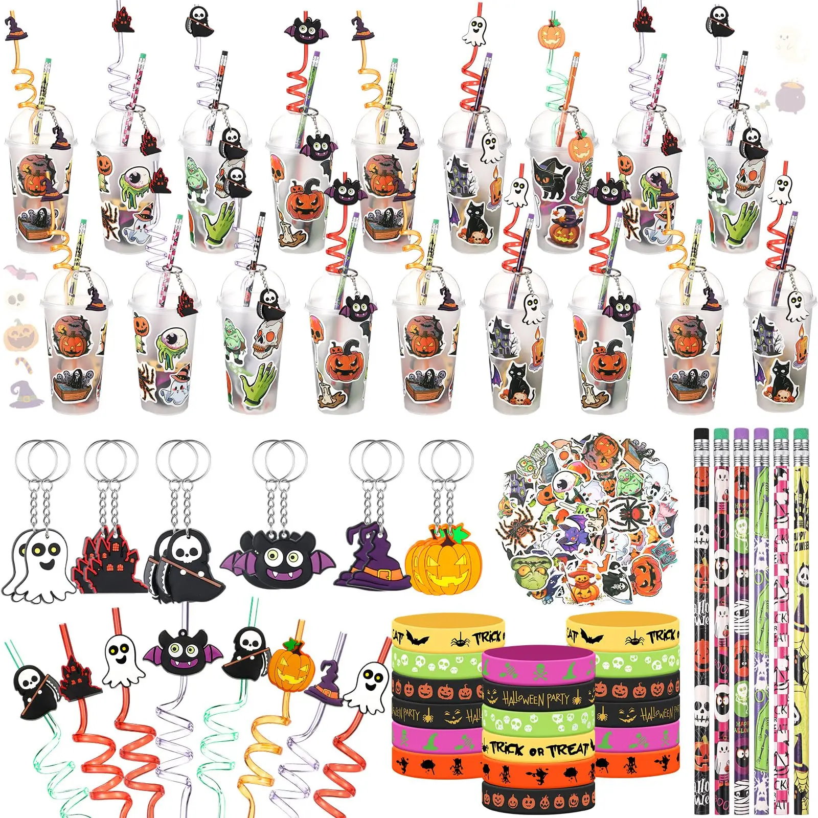 24 Set Halloween Gifts Party Favors for Class Cups Filler Trick or Treat Party Supplies include Goody Cups Pencil Keychain Sticker Eraser or Silicone Bracelet Card or Stickers for Students Girls Boys for Fall Spooky Themed Parties Gifts Prizes Rewards