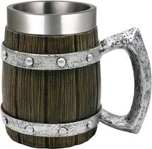 Viking Wooden Barrel Beer Mug - Norse Decor Coffee Cup for Men - Ideal Viking Gift - 21oz Large Nordic Beverage Cup & Beer Stein Tankard - Unique Viking Decor
