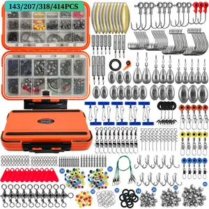 143/207/318/414pcs Fishing Gear Kit, Includes Hooks, Clips, Connectors, Sinkers, Swivels, Saltwater & Freshwater Compatible, with Rod Case