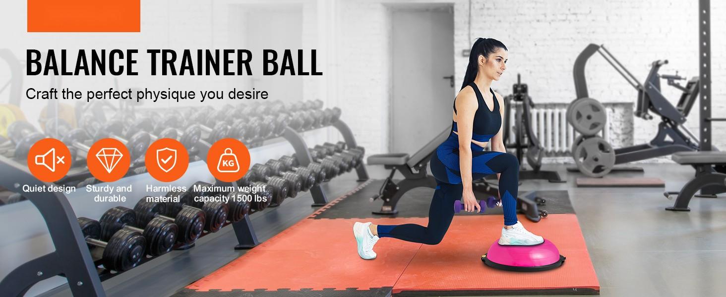 Half Exercise Ball Trainer, 26-Inch Balance Ball, 1500 Lbs Capacity Stability Ball, Yoga Ball With Resistance Bands And Foot Pump, Full Body Home Gym Workout Equipment, Anti-Slip Non-Toxic PVC, Pink