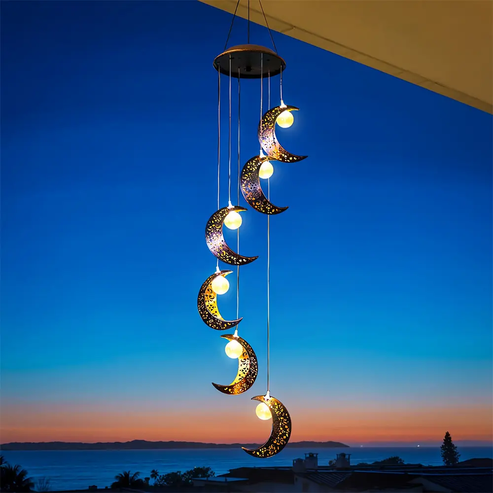 Antique Copper Hollow Sun-Moon Solar Wind Chime - Hanging Water-Resistant LED Lantern with Auto On-Off, Moon Shapes for Garden Outdoor Decor, Birthday & Housewarming Gift Ideas for Family Friends