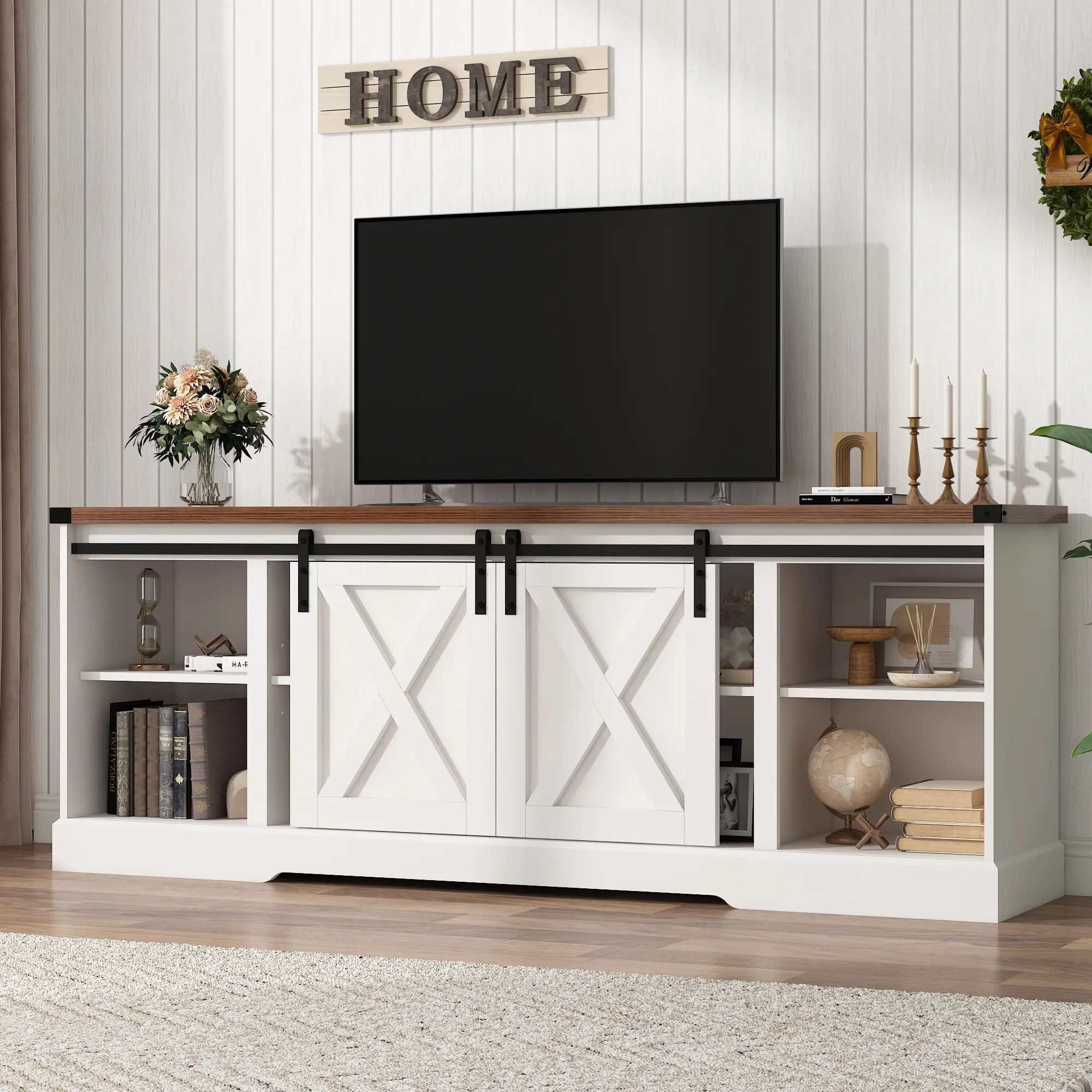 Farmhouse TV Stand for 70/75/80 Inch TV, 58/70 inch Entertainment Center Storage Cabinets with Sliding Barn Doors, Media Console Cabinet for Living Room, White/Grey/black