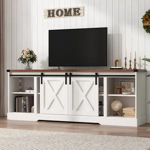 Farmhouse TV Stand for 70/75/80 Inch TV, 58/70 inch Entertainment Center Storage Cabinets with Sliding Barn Doors, Media Console Cabinet for Living Room, White/Grey/black