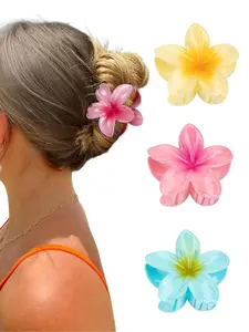 Women Hawaiian Flower Hair Claw Clip Set, 3pcs Plumeria Design for Thick & Thin Hair, Hawaii-Themed Hair Accessory