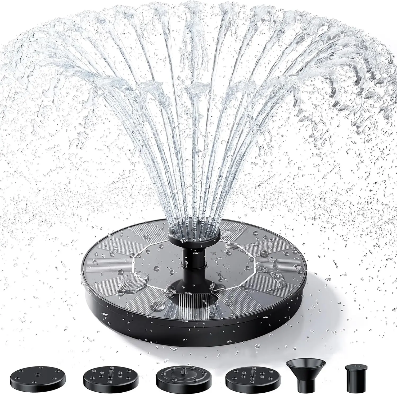 Solar Fountain, Solar Bird Bath Fountains Pump with Various Nozzles, 2027 Upgraded Free Standing Floating Solar Powered Water Fountain Pump for Bird Bath, Garden, Pond, Pool and Outdoor