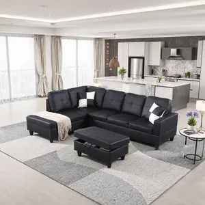 Viral Sofa Premium Leather & Linen L-Shaped Couch Ottoman Modern Design Comfy Sectional Sofa with Chaise for Living Room Bedroom Office Breathable Waterproof Scratch-Resistant Multi-Function Magic Secret Storage Ottoman pillow