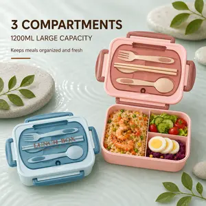 2-Pack 1200ML Reusable Bento Box Set with 3 Compartments, Portable Leak-Resistant Lunchable Containers, Built-in Utensils Tableware, Microwave & Dishwasher Safe Food Storage Boxes for Work, Middle School, School, Travel