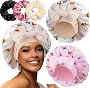 2+3 Large Satin Bonnets with Scrunchies for Women, Hair Bonnet Sleeping Tie Bonnet for Braids Curly Hair