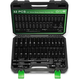 1/2" Drive Deep 12-Point Impact Socket Set, 32- Socket Set, SAE 3/8-1-Inch and Metric 10-24mm Size, Includes Extension Bars, Universal Joint and Adapter, CR-V Steel