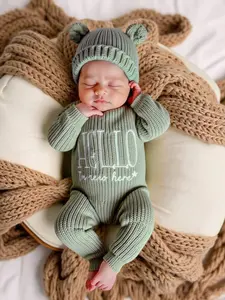 SHEIN 2Pcs Set "Hello World" Baby Arrival Announcement Outfit Knitted Newborn Boy Girl Jumpsuit With Bear Hat Newborn Photography Outfit Neutral Baby Clothes Shower Gift