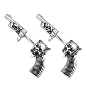 OIDEA Skull Rifle Stud Earrings, Anti-Rust Stainless Steel Punk Gothic Character Shaped Earrings, Men's & Women's Edgy Metal Studs Jewelry (Silver), Men's Earrings