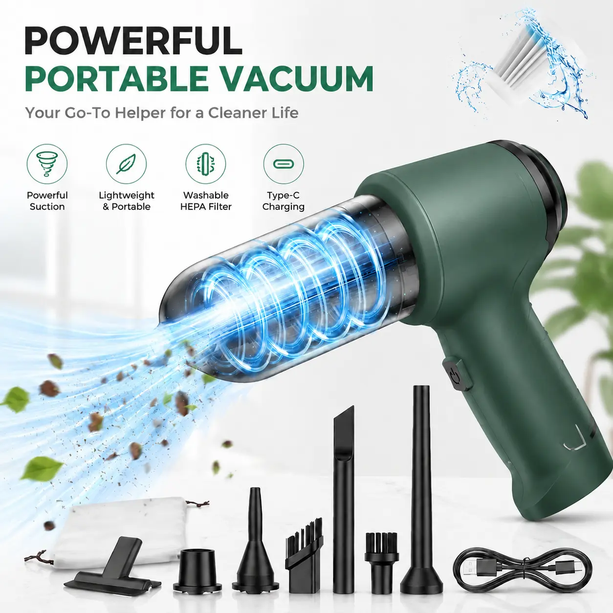 Car-Ready Mini Cordless Handheld Vacuum - USB Rechargeable Wet & Dry Pickup, Strong Vacuum Suction Power, Compact Portable Lightweight, Washable HEPA Filter, Multi-Nozzle Reach, Home Cleaning Tool