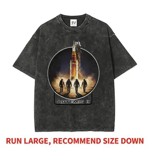 Men's NASA Artemis II SLS Rocket Launch Astronaut Silhouette Heavyweight Tshirt - Vintage Washed, Oversized Boxy Fit, Round Neck, Short Sleeve, Soft Pure Cotton, Streetwear Space Geek Aesthetic Graphic Tee