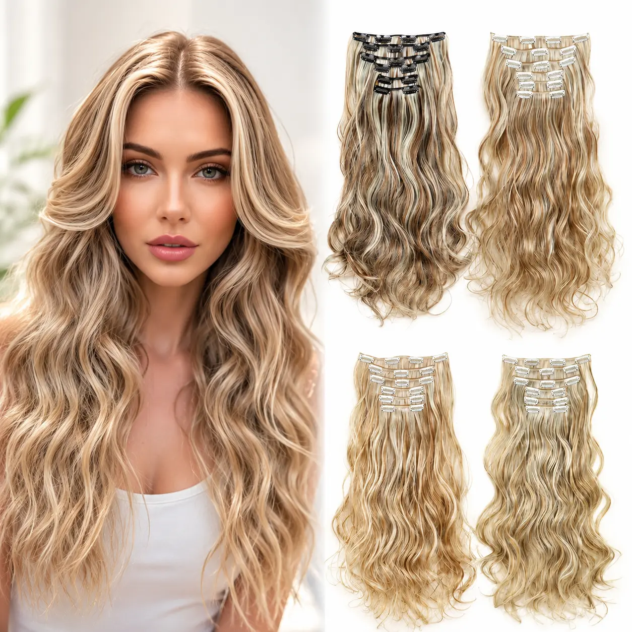 Synthetic 24Inch 16Clips Long Curly Hair Extension Heat Resistant Hair Extension Clips In Ombre Black Brown Blond Women