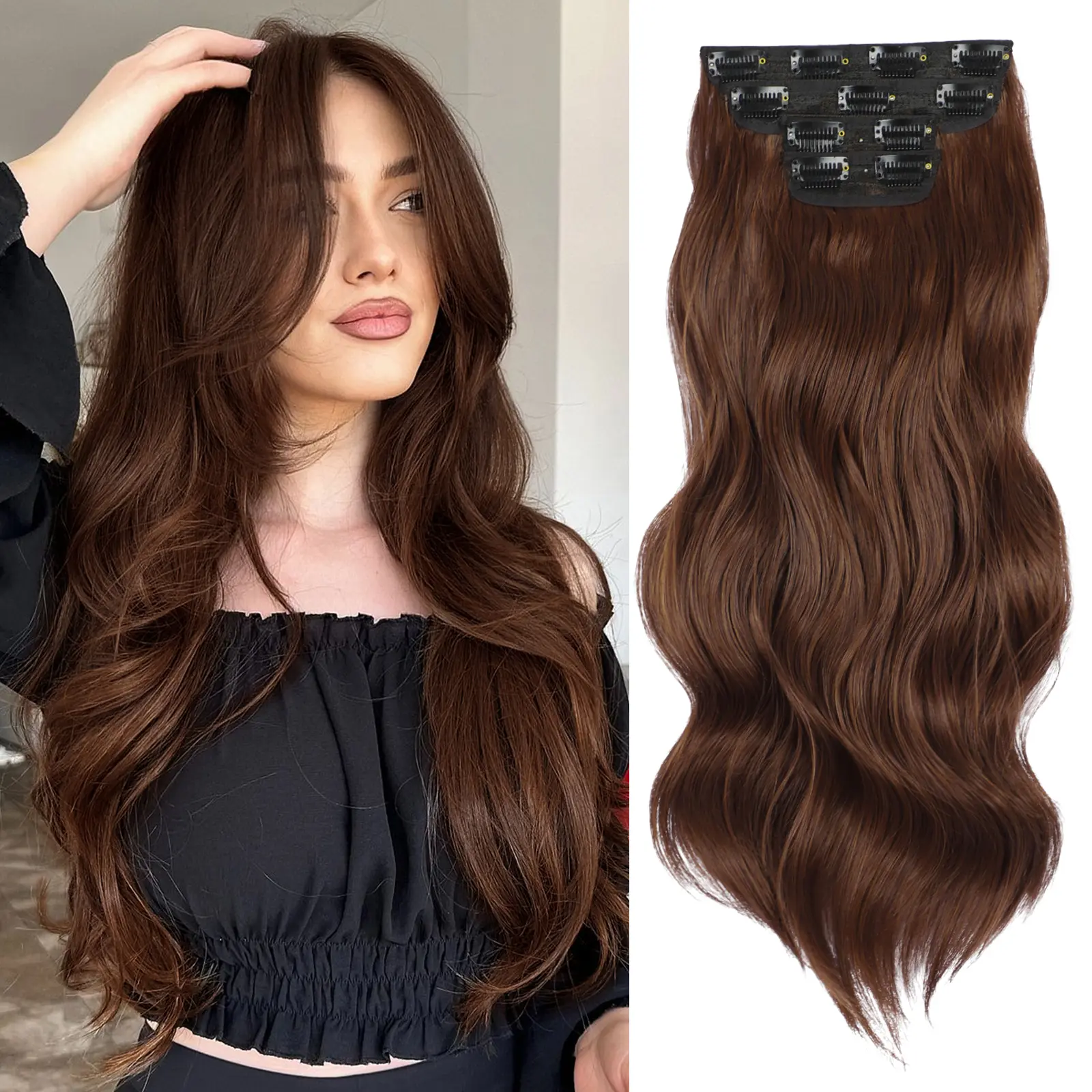 Vigorous Women's Mocha Mix Brown Copper Clip Hair Extensions - Long Wavy Synthetic Hairpieces, Easy-to-Install for Daily, Event Party Use