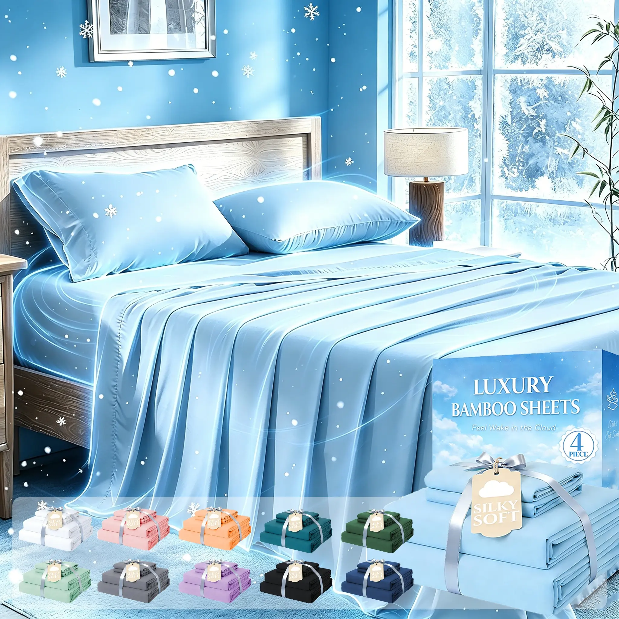 Extra Deep Pocket Bamboo Sheets, 3/4 PCS Ultra-Soft Luxury Feel - Ultra Cooling Sheets, Hotel Luxury Fitted Sheet Set, Soft Wrinkle-Free For Extra Deep Mattresses, Soft Sheet & Pillowcase Sets, Room Decor, Include Random Color