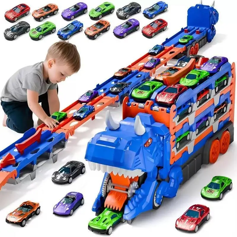 Dinosaur Carrier Truck Toy Vehicle for Toddlers - Die-Cast Metal Transport Play Set, 12 Die-Cast Cars, Dino-Transforming Feature, Ideal Gift for 3-6 Year Old Boys