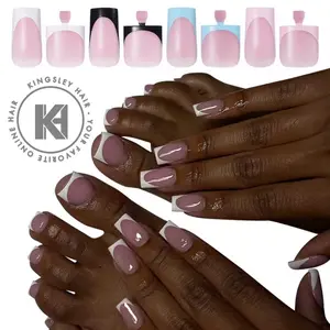 Kingsley60Pcs White Blue Pink Black French Tip Nail Toe Design Set Square Press On Nails Medium Length Gel Press On Nails Full Cover Stick on Nails Manicure