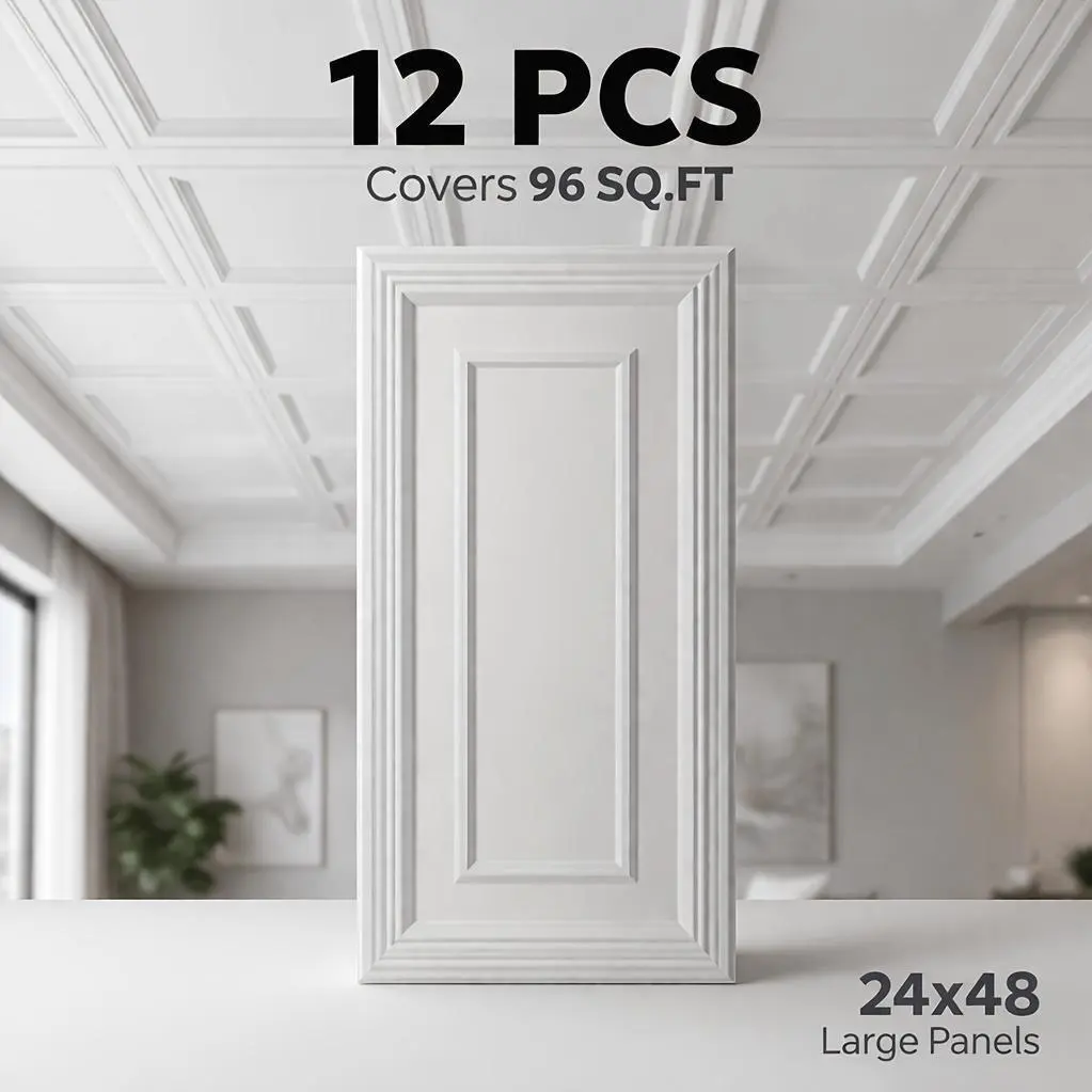 Ceiling Tiles 24x48 Drop Ceiling Panels 12-Pack (96 Sq Ft) PVC Waterproof Lightweight for Basement Kitchen Office