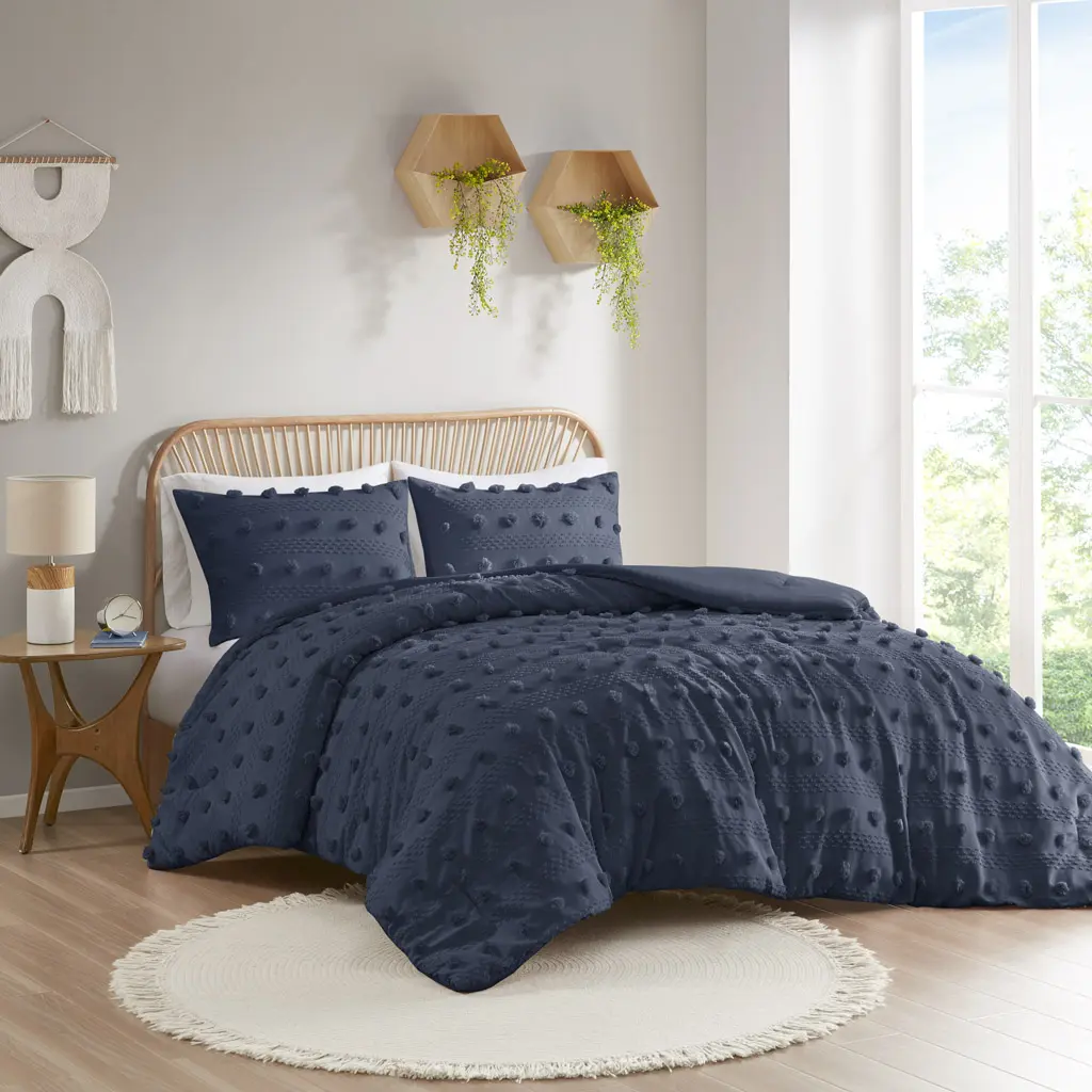 Intelligent Design ID10-2277 68 x 90 x 1 in. Lucy Clip Jacquard Comforter Set, Navy - Twin & Twin Extra Large, Twin Size Bed, Modern, Hypoallergenic