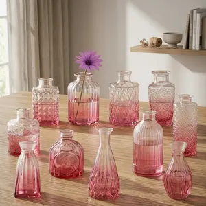 Glass Vase Set (12 Pieces), Mini Vintage Vases for Wedding Decor, Home Table Floral Arrangements, Small Carved Design Centerpiece