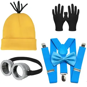 Awyjcas Halloween Costume Accessories Set Glasses/Yellow Beanie/Gloves/suspenders 4 Pieces for Men Women Cosplay Party (Yellow1)