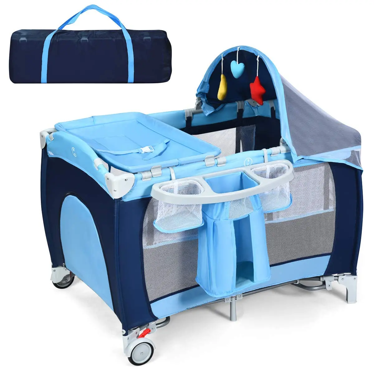 Pack and Play with Bassinet, 4-in-1 Portable Baby Playard w/Changing Table, Net & Cute Toys, Diaper Storage Bag, Music Box, Wheels with Brake, Foldable Newborn Play Yard w/Carry Bag Gift Season BlackFriday Friends Giving