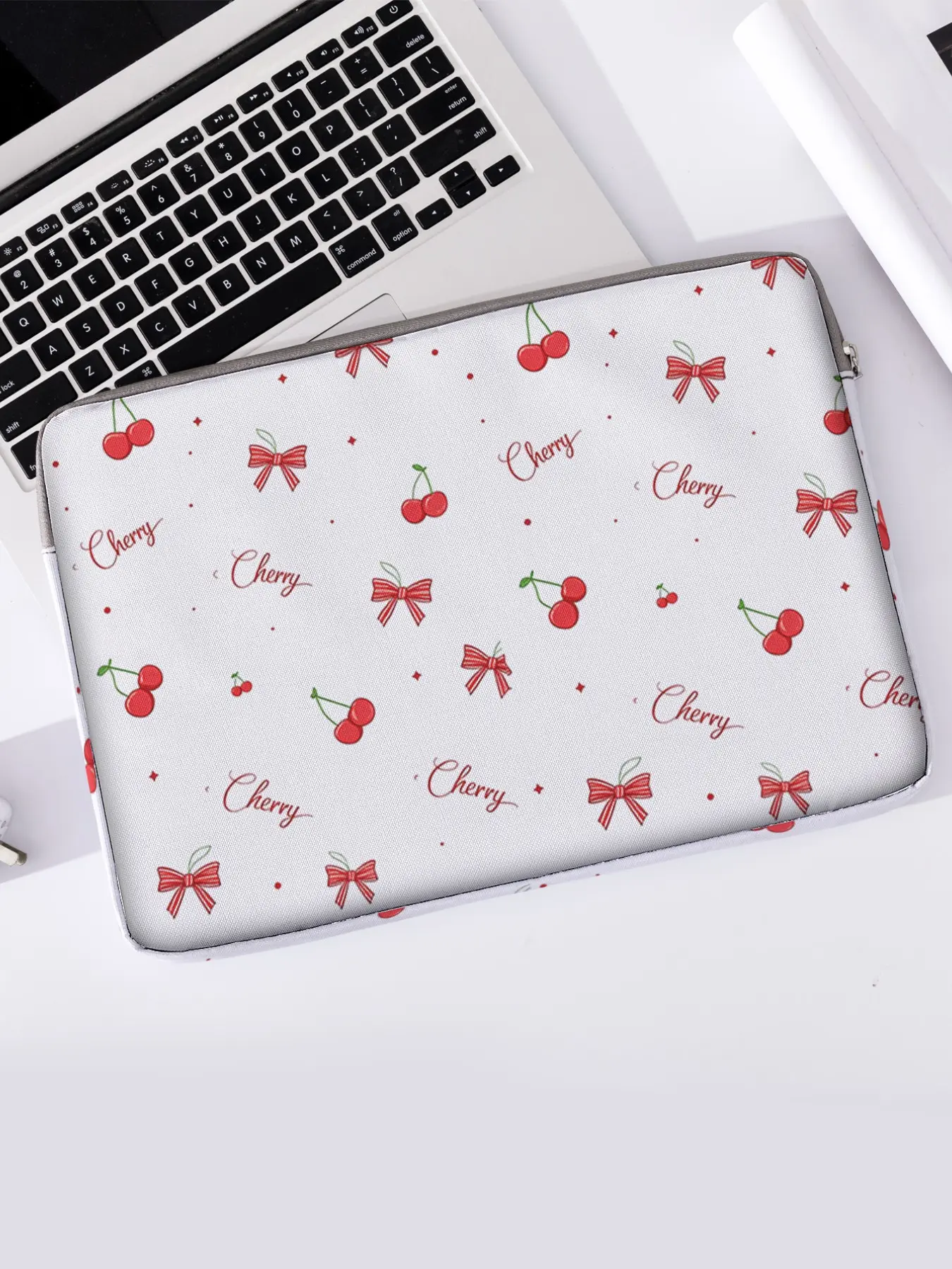 Butterfly Cherry Pattern Notebook Bag, Soft Laptop Sleeve, Tablet Case, Zipper Storage Pouch, Casual Style, All Seasons, Valentine's Day Gift, Work Bags