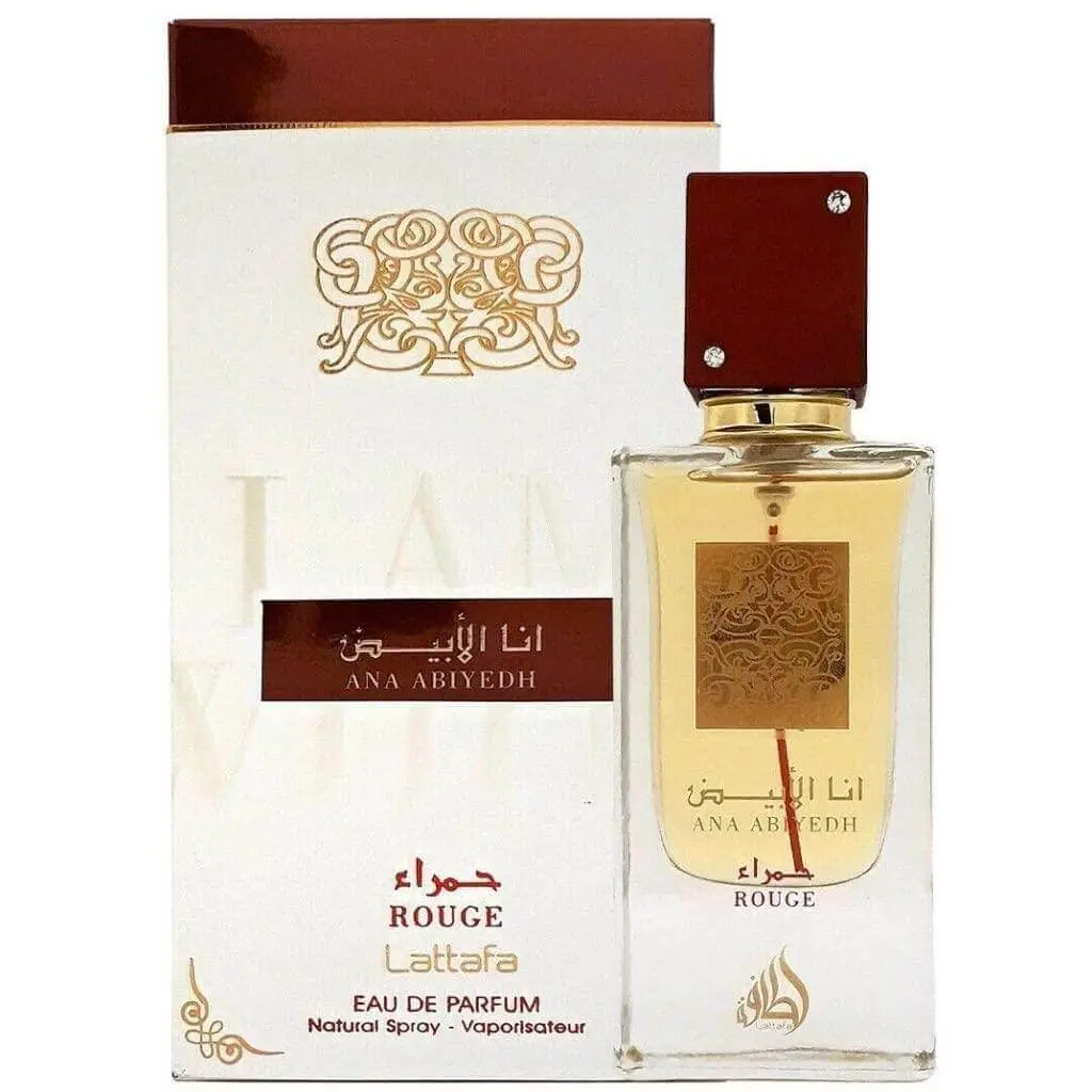 Lattafa Ana Abiyedh Rouge Unisex EDP Perfume Spray - 2.04 fl oz, 10ml, Aromatic Citrusy Fragrance, Green Citrus Scent, Fruity Notes, Caramel Musk Notes, Aerosol-Infused, Launched 2016, New in Box, Citrus-Fruit, Contains Aerosol, Launched In 2016