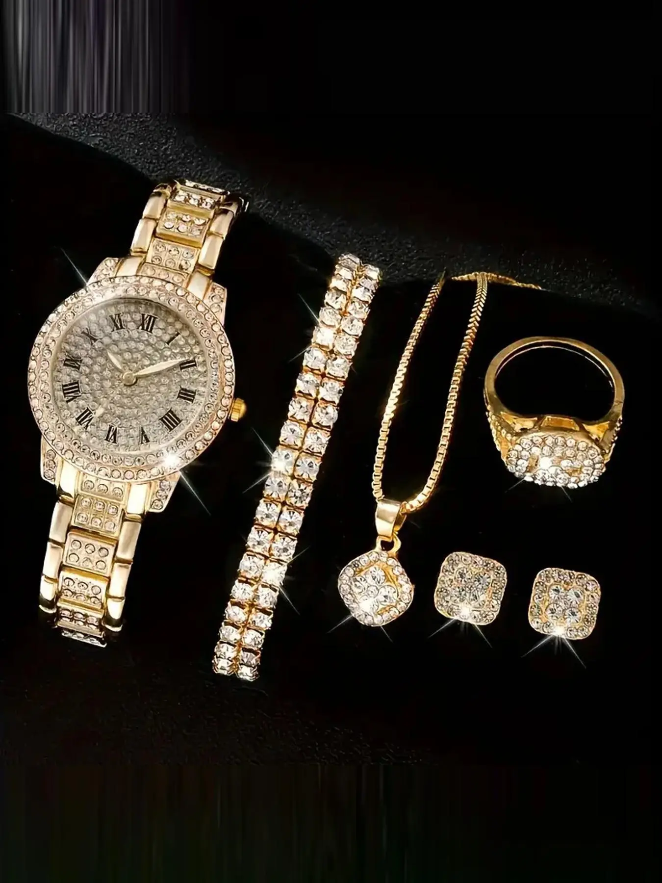 A set of six fashionable and trendy Roman starry sky rhinestone steel strap watches and diamond bracelet for women Analog Watches Quartz Wristwatch Modern Fashionable Wristwatch Fashion Wristwatches