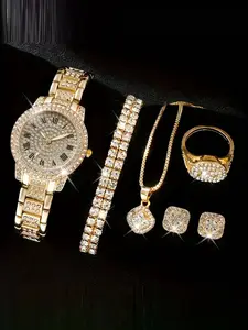 A set of six fashionable and trendy Roman starry sky rhinestone steel strap watches and diamond bracelet for women Quartz Wristwatch Modern Fashionable Wristwatch