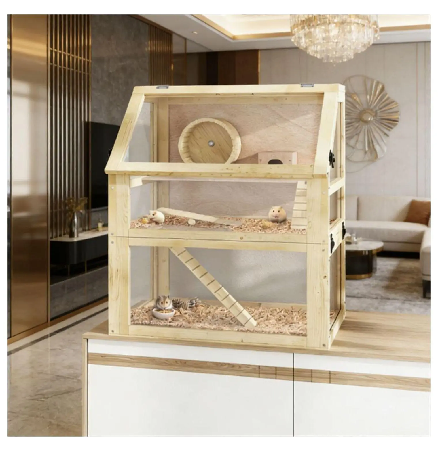 Hamster Cage Small Animal Habitat, 3-Tier Wood Cage with Toys - Spacious Gerbil Cage with Deep Bottom & Easy Cleaning Natural Wood
