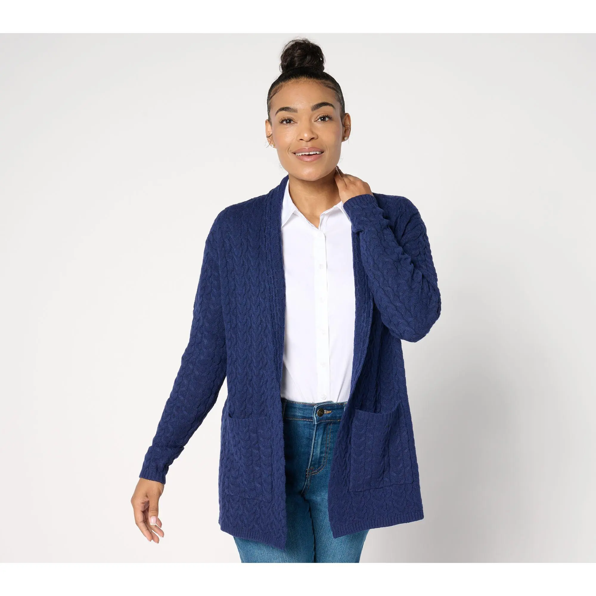 Denim & Co. Petite Cable Knit Tunic Cardigan with Pockets