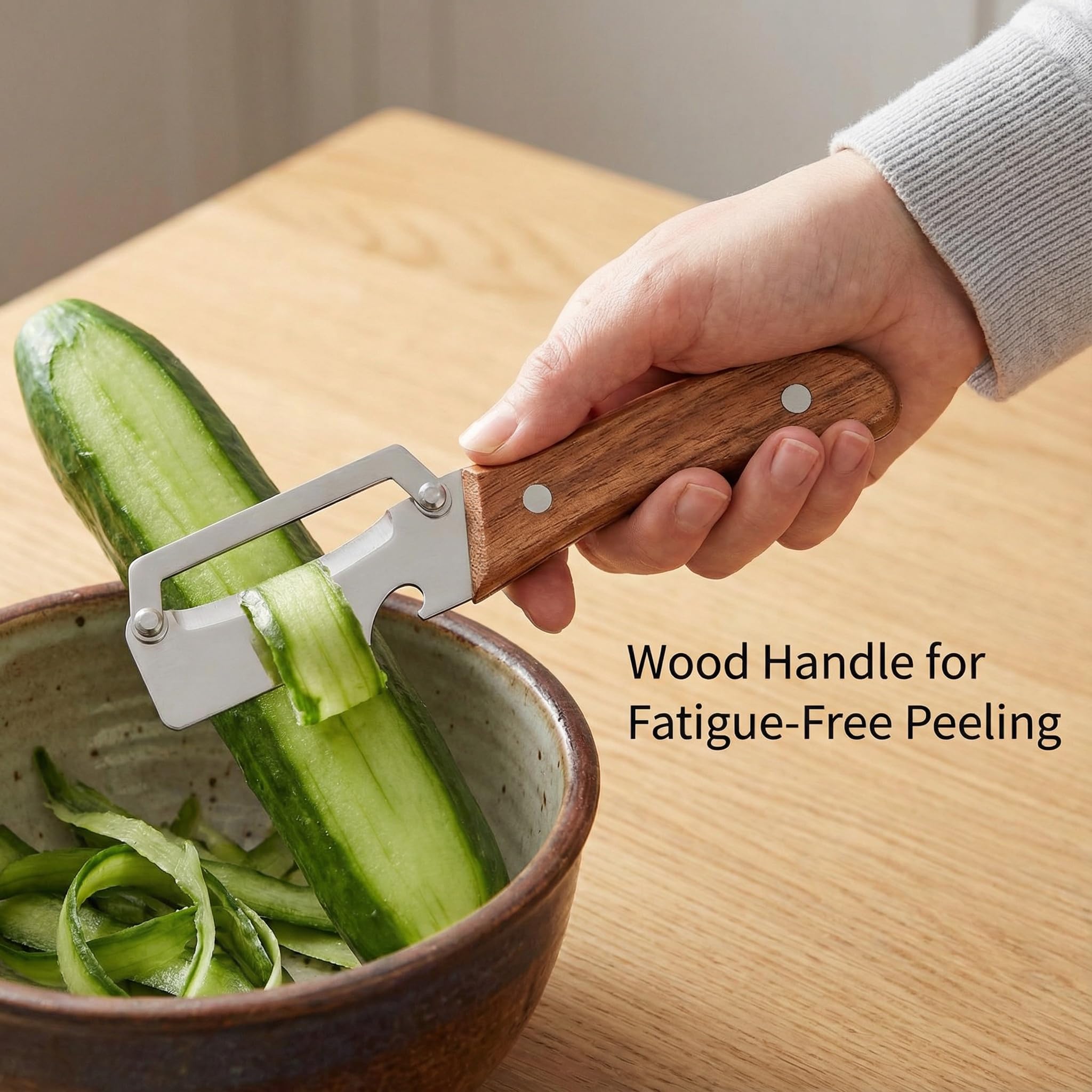 Wooden-Handled Stainless Steel Sharp Peeler with Built-In Bottle Opener for Fruits & Vegetables Ergonomic Non-Slip Handle Long-Lasting Construction Essential Kitchen Tool