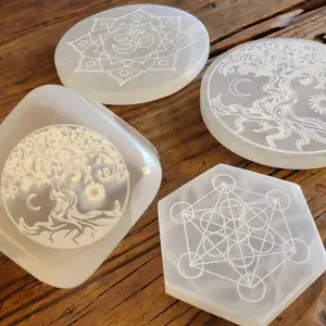 Moroccan Selenite Cleansing Plates, Tree of Life Selenite Plate, Ohm in Lotus Selenite Plate, Metatron Hexagon Plate, Tree of Life Cube