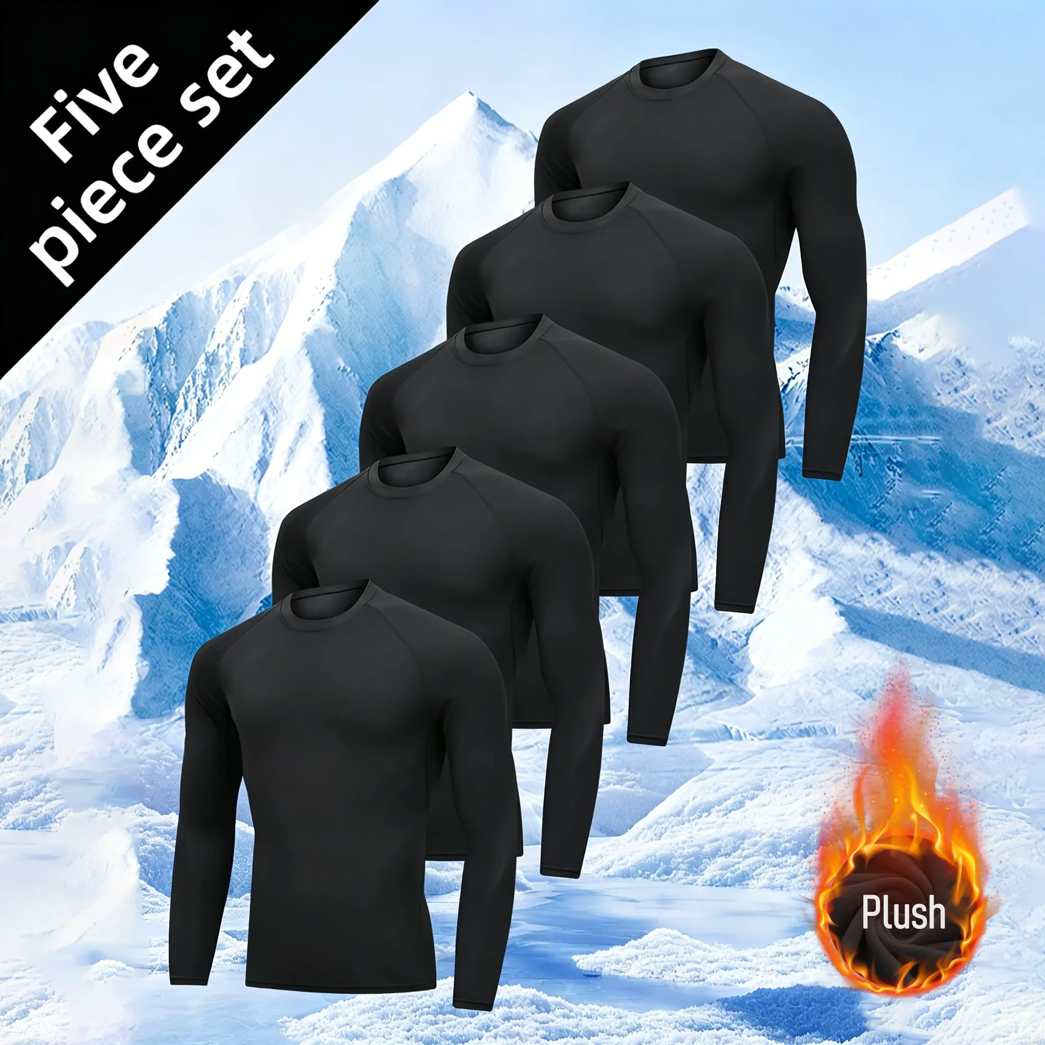 Men's 5-pc Winter Set, Thermal Fleece-Warm Compression Base Layer with Full-Zip Jacket, Outdoor Training Fit for Running & Gym, Sport Activewear